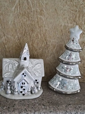 Christmas ceramic candle holders like new, tree and house