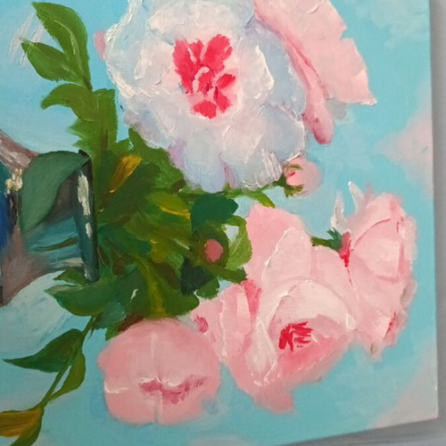 Blue painting with flowers new, 30x40cm