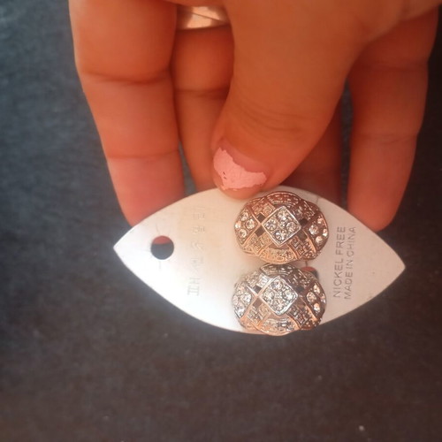 Clip-on earrings new, silver geometric design with rhinestones