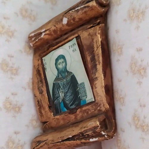 Religious image Saint Raphael clay like new, 10x8 cm