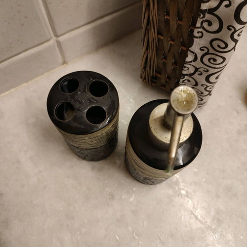 Bathroom set used with soap dispenser, toothbrush holder, and basket