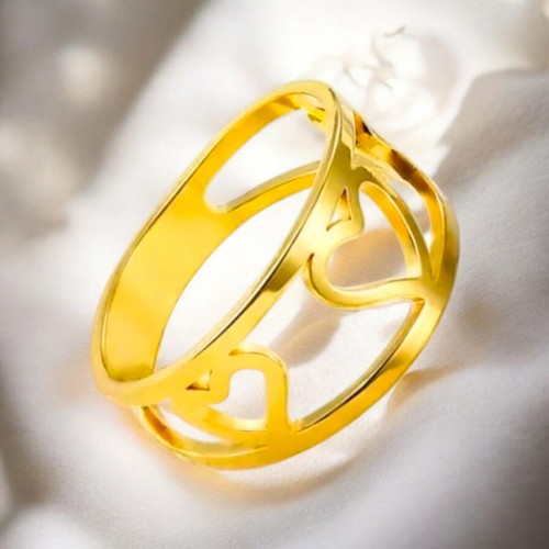 Steel ring with hearts new, gold-colored