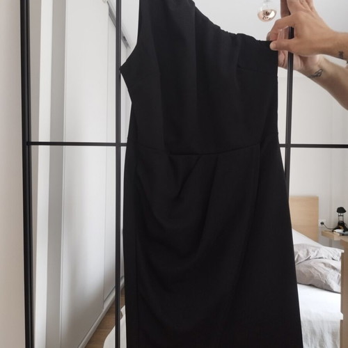 Mini dress with one shoulder, asymmetrical hem, black, new