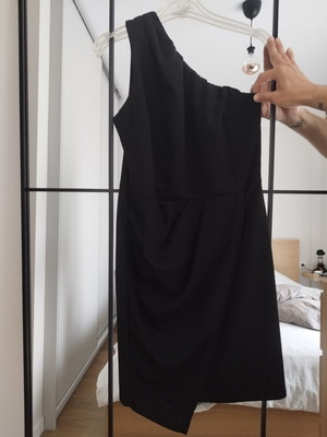 Mini dress with one shoulder, asymmetrical hem, black, new
