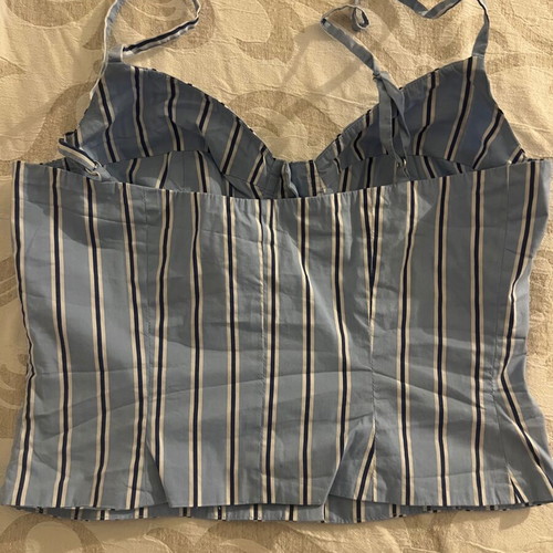 MYS top in blue with navy and white vertical stripes, like new