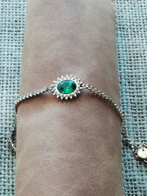 Bracelet green zircon single stone gold plated steel new with clear zircon