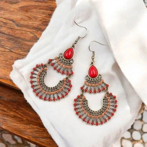 Boho earrings new, red and gold, hypoallergenic