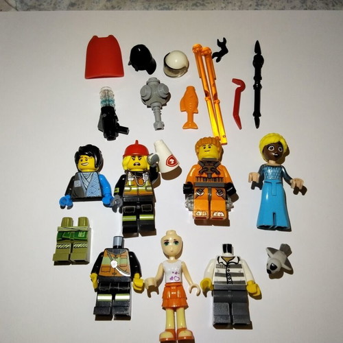 Lego figures, accessories and pieces used, all together