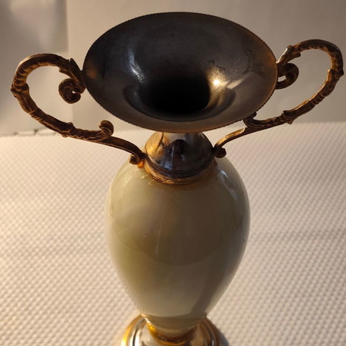 Vase of natural onyx with bronze handles, 25cm, elegant collectible
