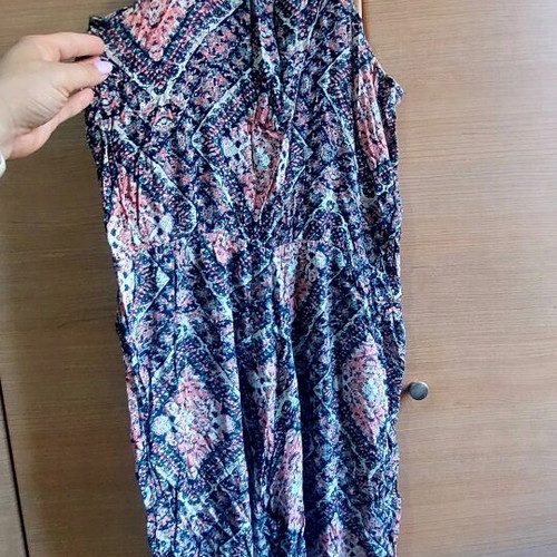 Boho Printed Mock Neck Cutout Jumpsuit like new, blue and salmon