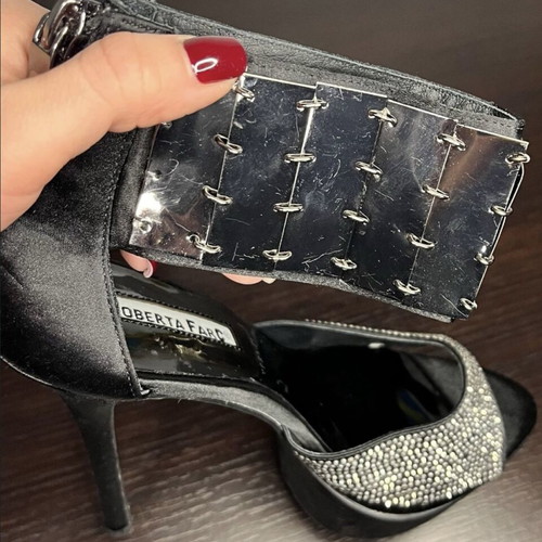 Roberta Frac black platform stiletto sandals with rhinestone ankle cuff, EU 38