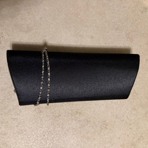 Clutch black satin evening bag like new with strass and silver chain