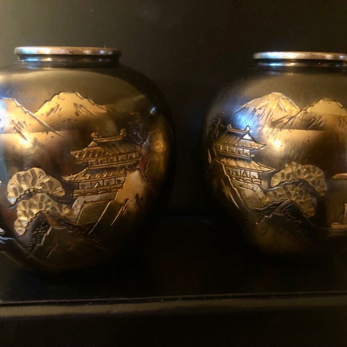 Set of 2 old Japanese metal Mt.Fuji vases used