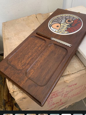 Wooden base for platter new, wood and glass