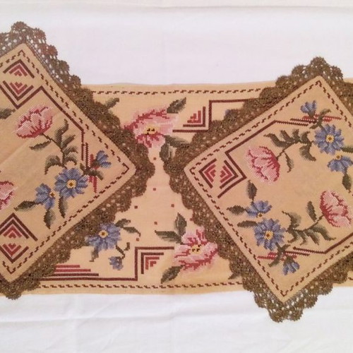 Cross Stitch Table Linens Set of 3 Used with Handmade Crochet Lace