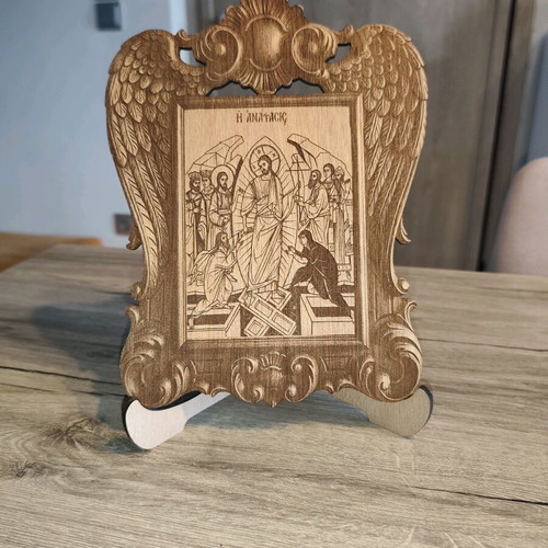 Wooden table icon of the Resurrection new with carved frame and angel wings