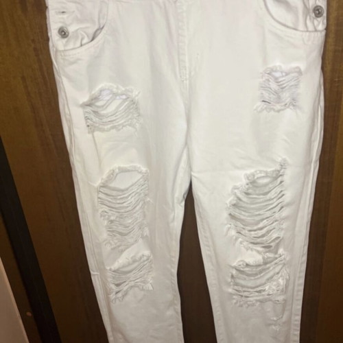 White denim jumpsuit with rips used, Y2K summer style