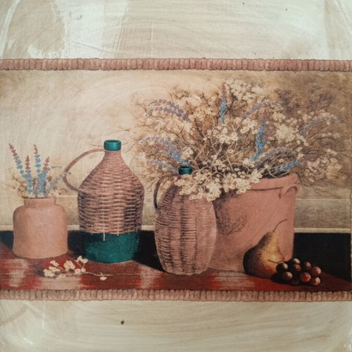 Porcelain serving platter with decoupage and enamel finish