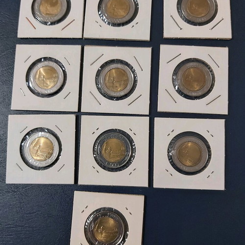 Italy 500L coins like new, pack of 10 in their cardboard holders