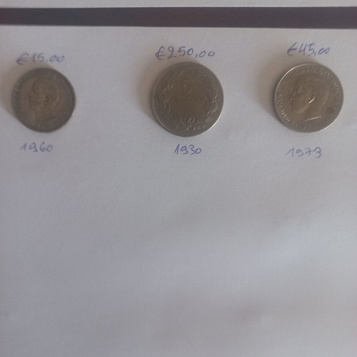Greek collectible coins used, 20 drachmai 1960, 5 drachmai 1930 and 1967