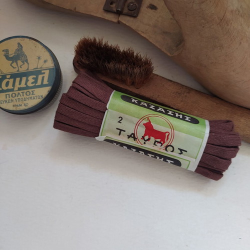 Vintage Shoe Care Set with Wooden Shoe Last, Brush, Camel Polish, Kazazis Laces