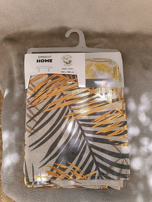 Tablecloth new, rectangular fabric with grey, beige and gold leaves 140x180