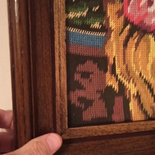 Vintage handmade gobelin embroidery in solid walnut frame 42x50