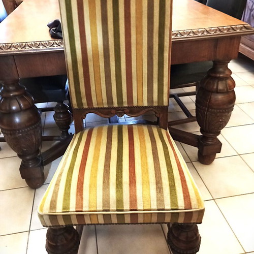 Tudor dining set used, handmade carved walnut with 6 chairs