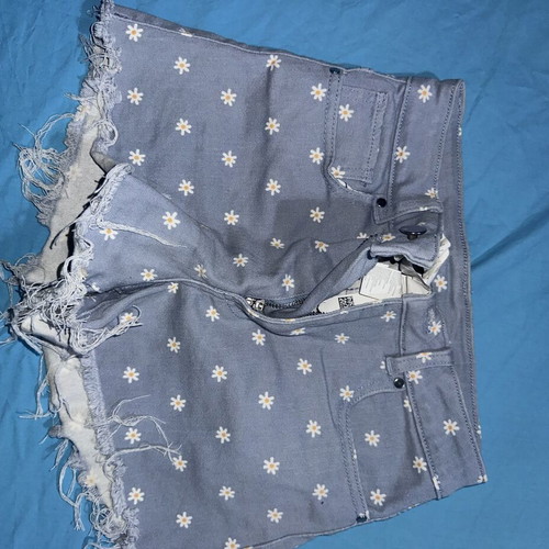 Tezenis mini shorts turquoise denim with white daisies, size 36