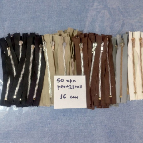 Metal zippers 16 cm, pack of 50, assorted colors