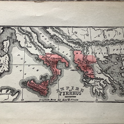 Pyrrhus King of Epirus map used, hand-colored woodcut small size