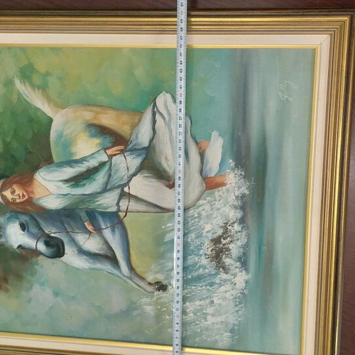 Oil painting of girl with white horse in water like new