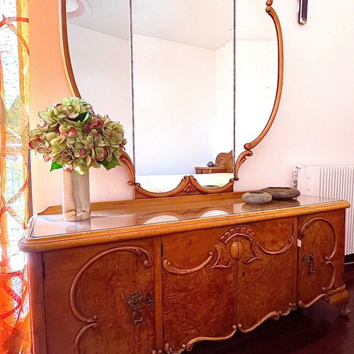 Bedroom vanity used with mirror and walnut cabinets