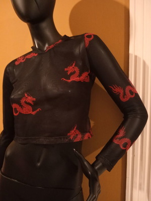 Asian Style mesh transparent cropped top with red dragons, new