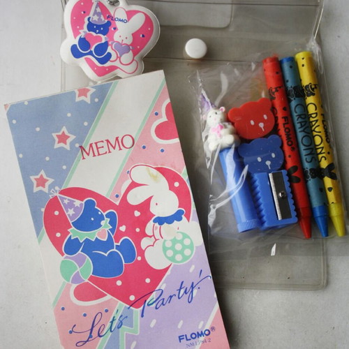 Vintage Flomo school set memo notebook crayons eraser sharpener Taiwan 1980s new