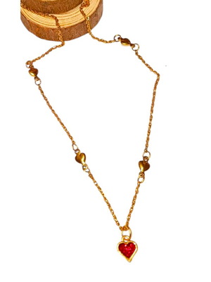 Handmade stainless steel necklace with hearts and red heart pendant
