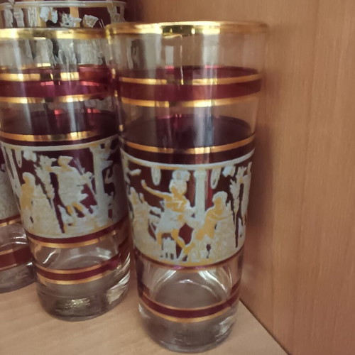 Vintage Cranberry Glass Ouzo Set with Carafe and 5 Glasses, Like New