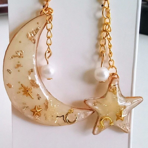 Handmade Moon and Star Earrings new, beige and gold