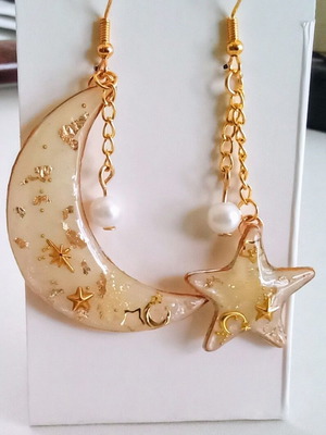 Handmade Moon and Star Earrings new, beige and gold