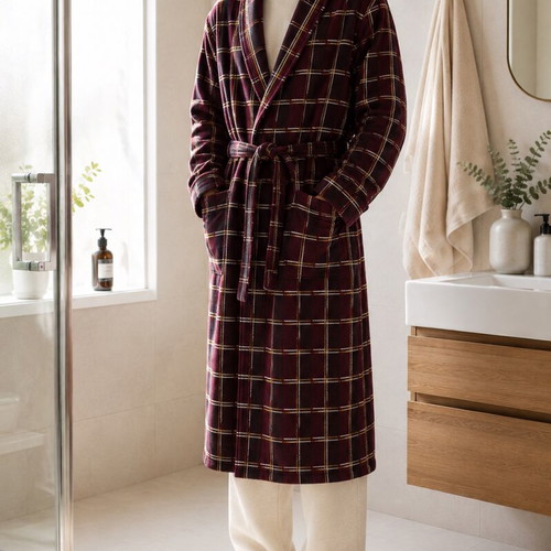 Men's 3XL Cotton Bathrobe, burgundy plaid