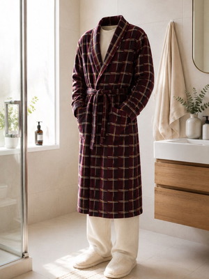 Men's 3XL Cotton Bathrobe, burgundy plaid