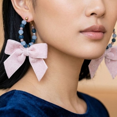 Funky earrings with velvet bows new, steel clasps and crystals