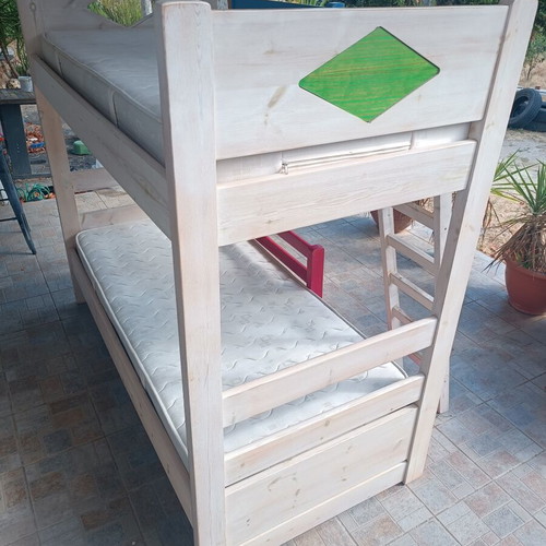 Triple bunk bed for children and teens, pine wood, white and neutral colors