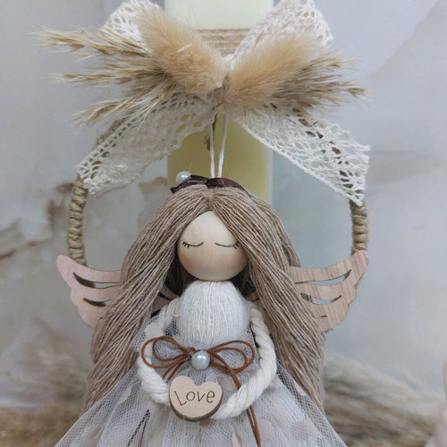 Scented candle with handmade macrame angel decoration new