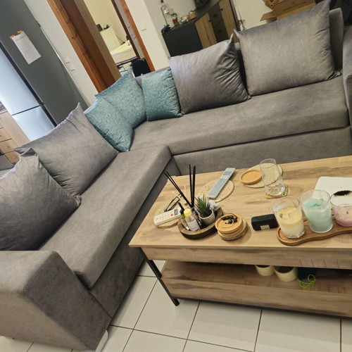Corner sofa 2.20 x 2.20 m, grey with petrol cushions