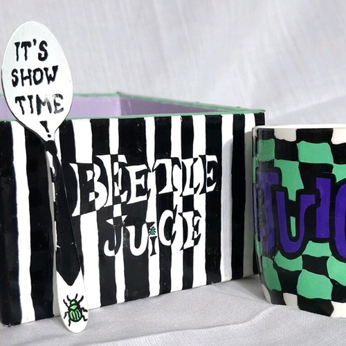 Hand-painted BeetleJuice cup with spoon custom made