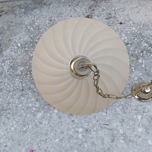 Glass ceiling light with 2 lamps, like new, ecru color, brass base