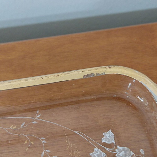 Glass serving platter used with gold handles and painted flowers