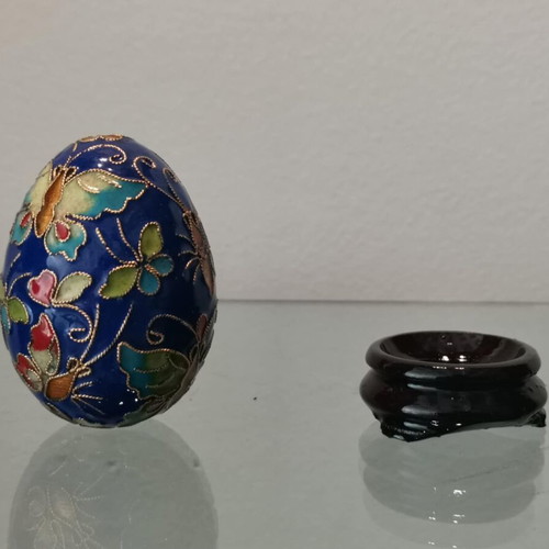 Cloisonne egg used, vintage blue with butterflies on wooden base