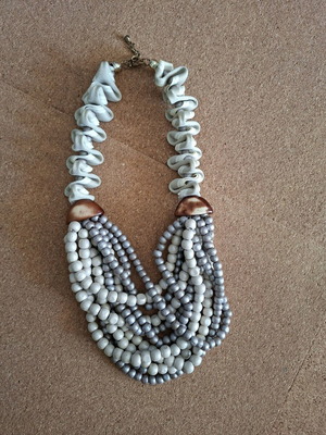 Statement necklace like new with beads and fabric in ecru and gray